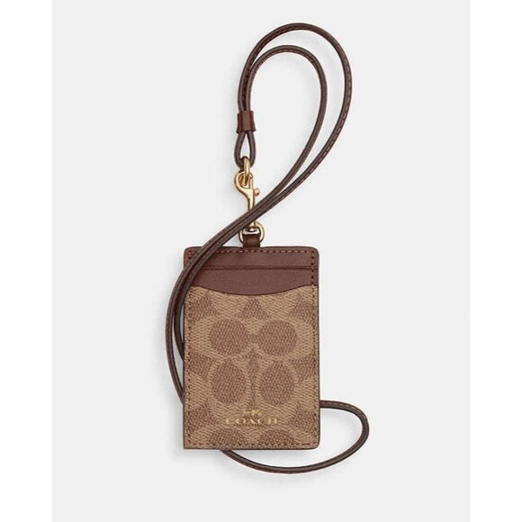 Coach Accessories - Coach ID Lanyard In Signature Canvas/Smooth Leather Gold Tan Brown-NWT F63274